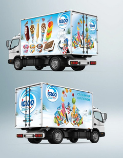 Two delivery trucks with full commercial branding